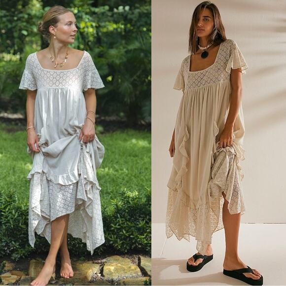 Free People Ethereal Bohemian Bring The Romance Midi Maxi Dress Neutral Medium - Picture 2 of 16